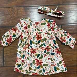 9/12mo Mud Pie Holiday Floral Baby Dress with Headband